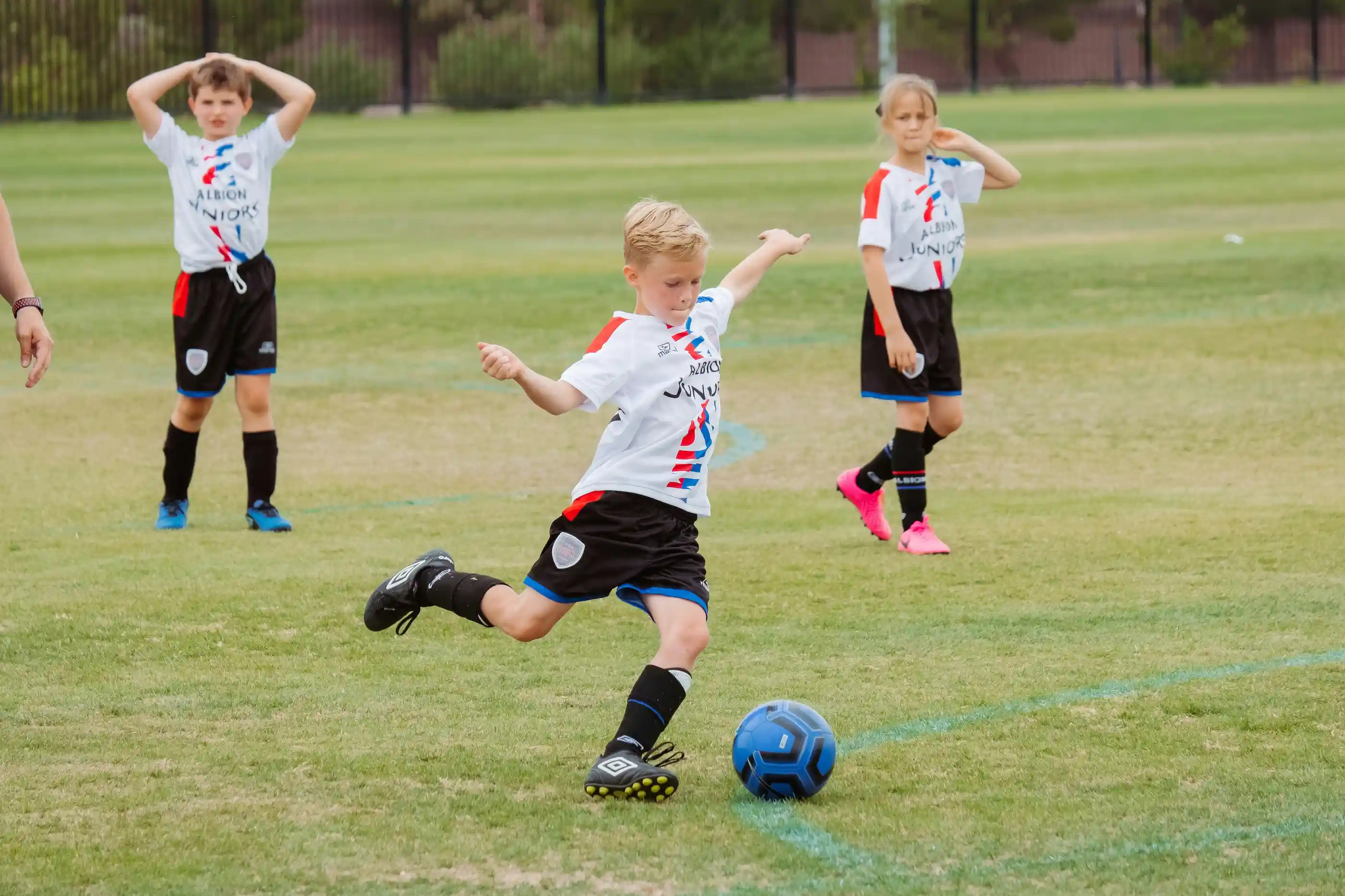 Young children playing soccer on a grass field