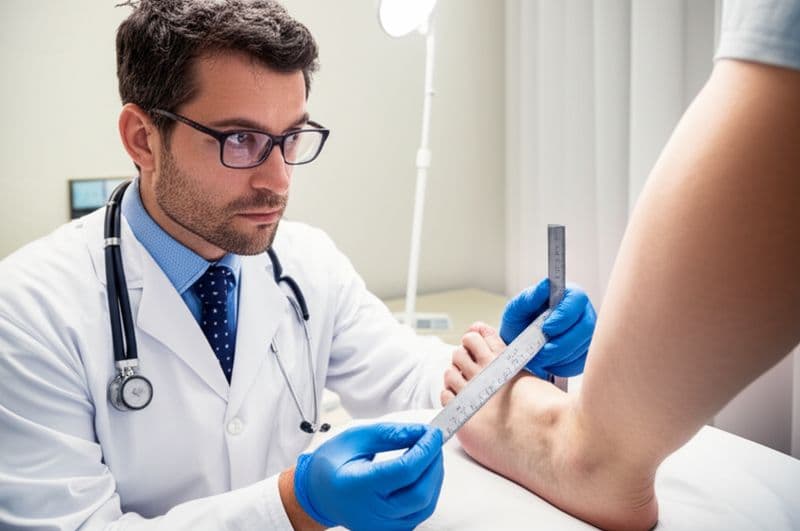 Podiatrist assessing a hallux valgus bunion