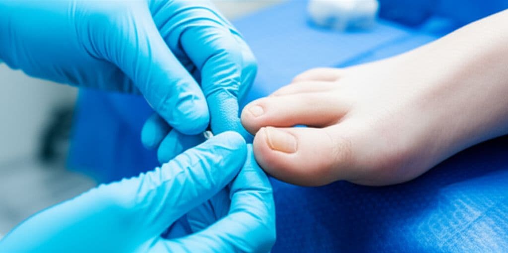 Close-up of professional podiatry treatment for ingrown toenail