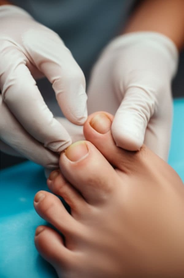 Podiatrist examining a patient's toenail
