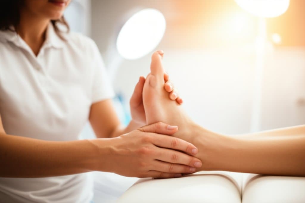 Podiatrist examining a patient's foot for plantar fasciitis
