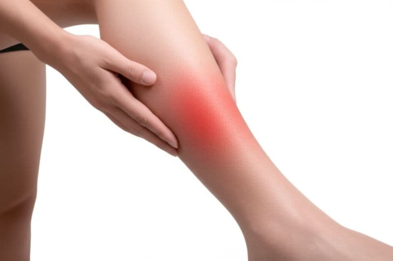 Person holding a painful area of the lower leg