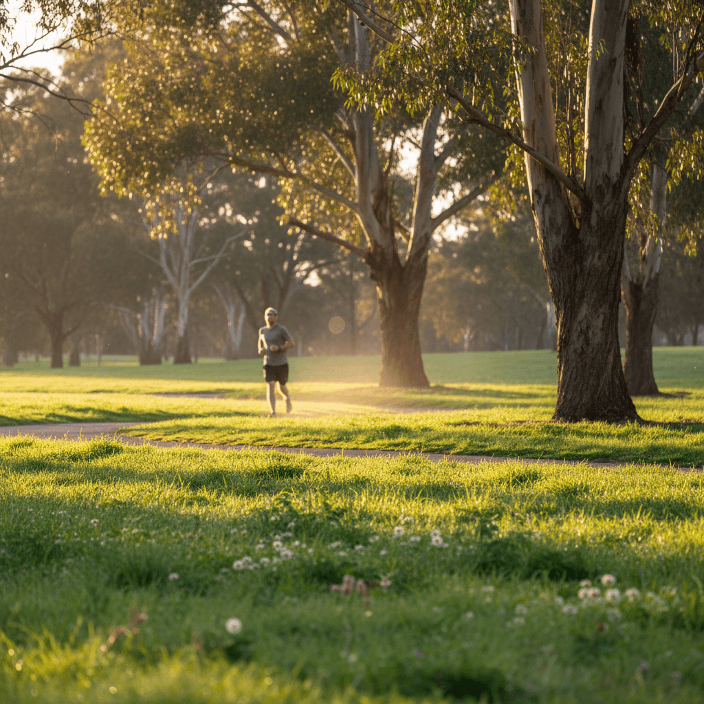 Jogger running through a Melbourne park in golden afternoon light