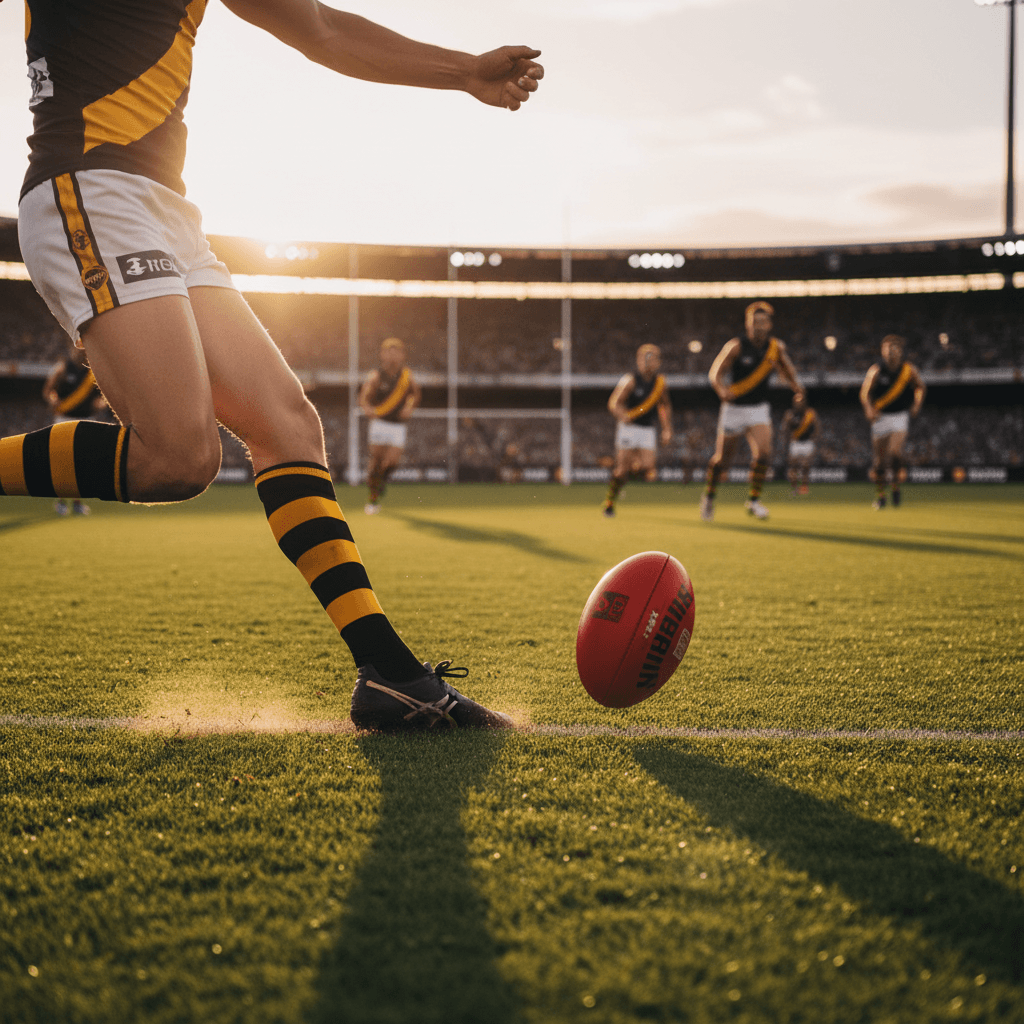 AFL player kicking a football on grass