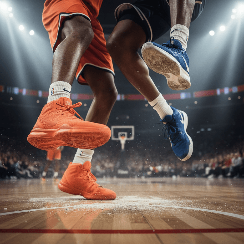 Basketball players in action on an indoor court