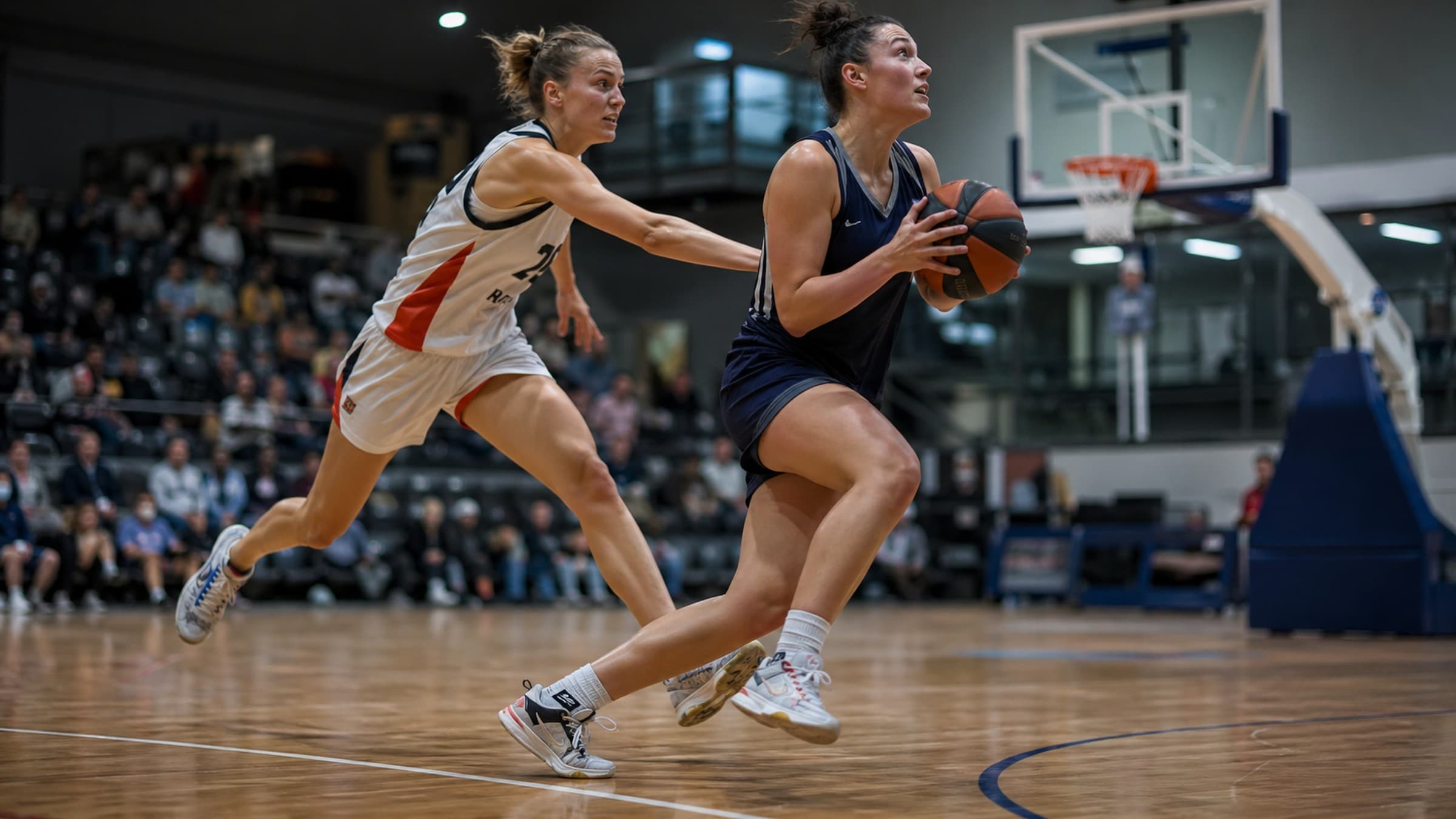 Basketball players in action on an indoor court