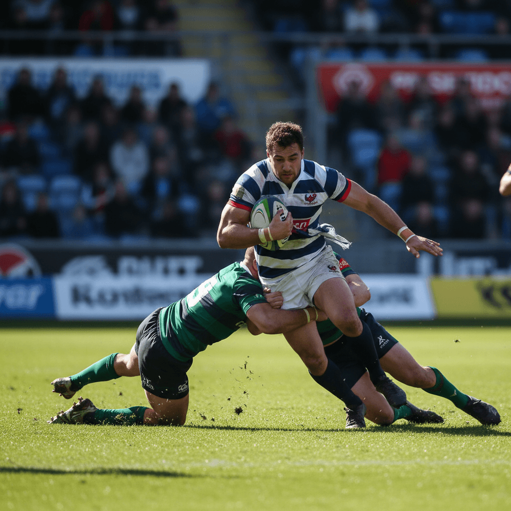 Rugby players in action during a match on grass