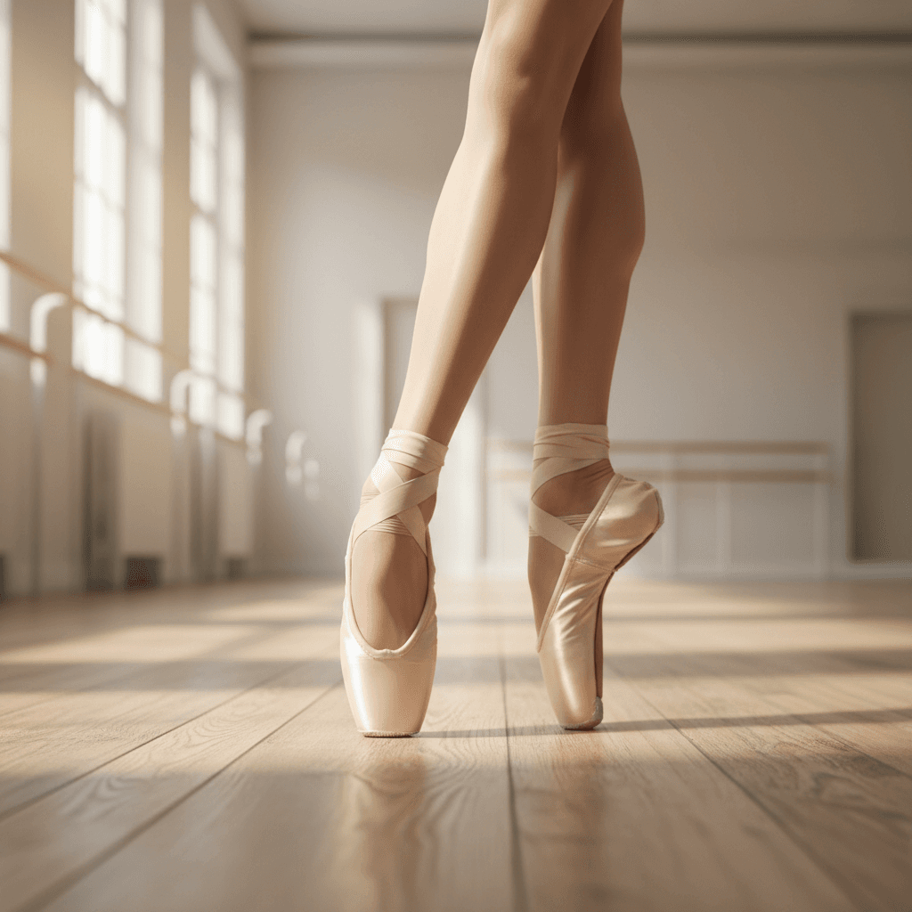 Ballet dancer feet in pointe shoes on studio floor