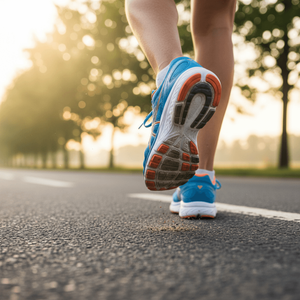 Distance runner feet in running shoes on a track