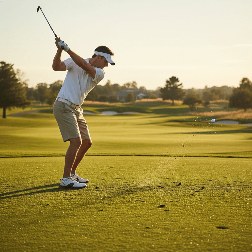 Golfer mid-swing on a green course