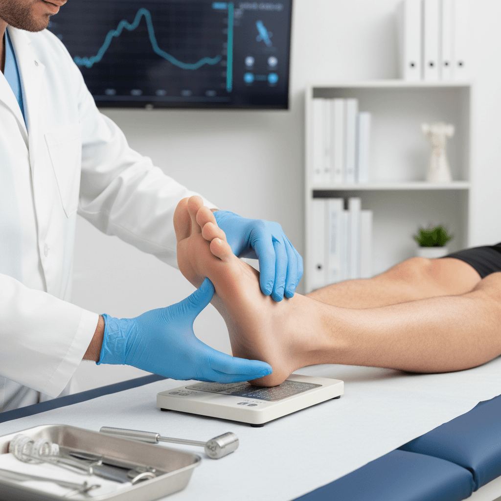 Podiatrist performing biomechanical assessment on athlete