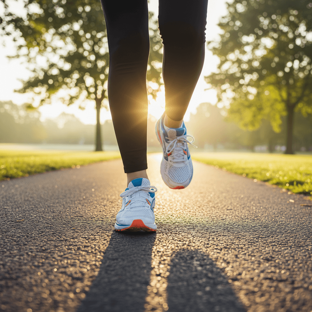 Beginner runner jogging on a park path at sunrise