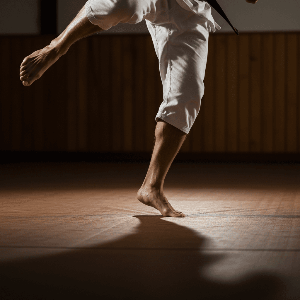 Martial arts practitioner barefoot on dojo mat