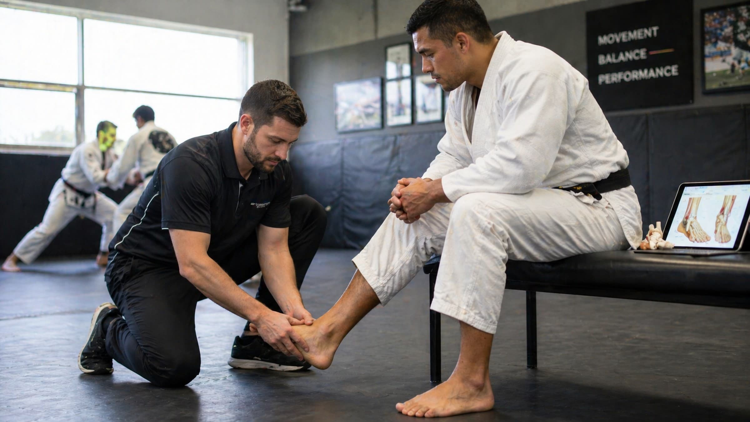 Martial arts practitioner barefoot on dojo mat