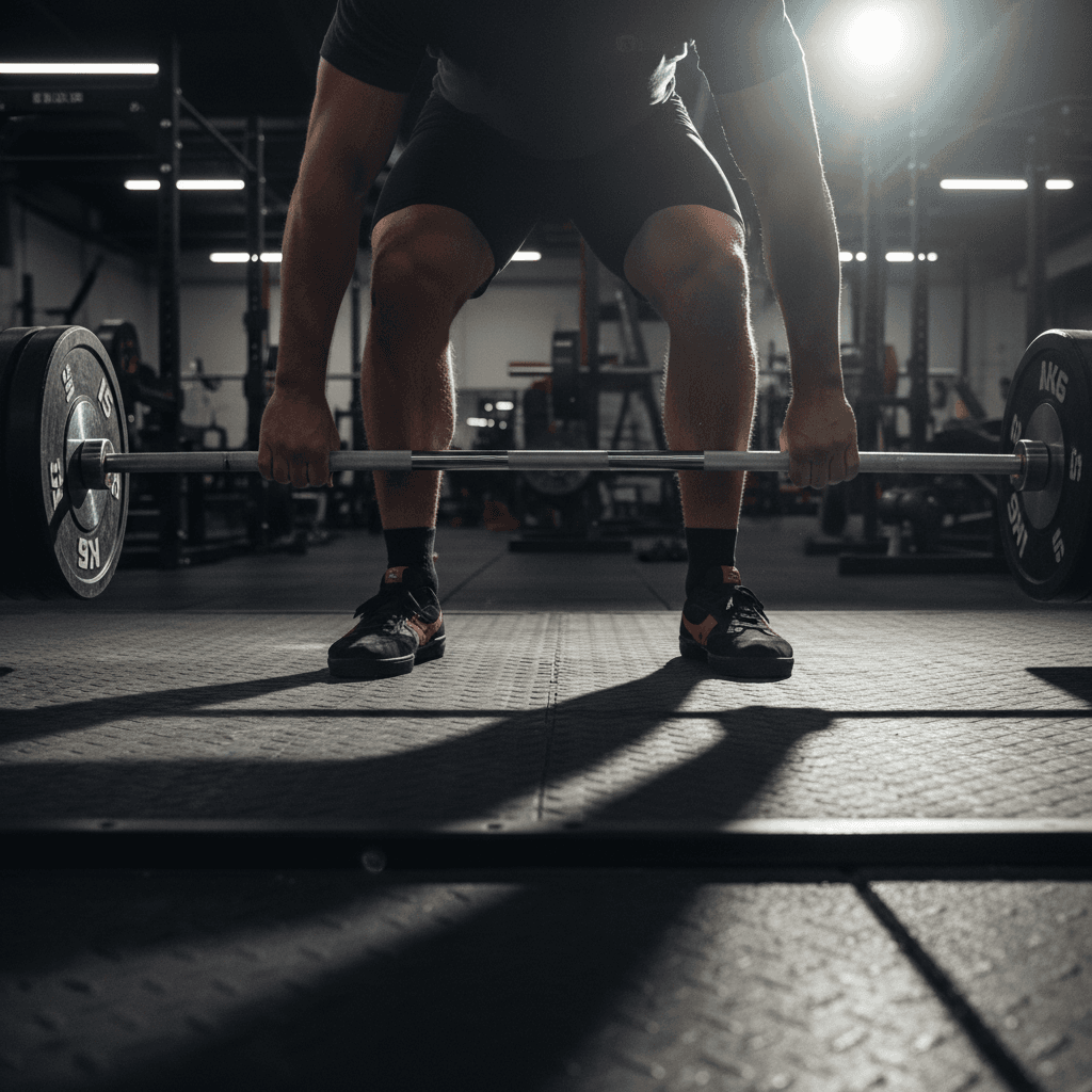 Powerlifter feet in lifting shoes on a platform