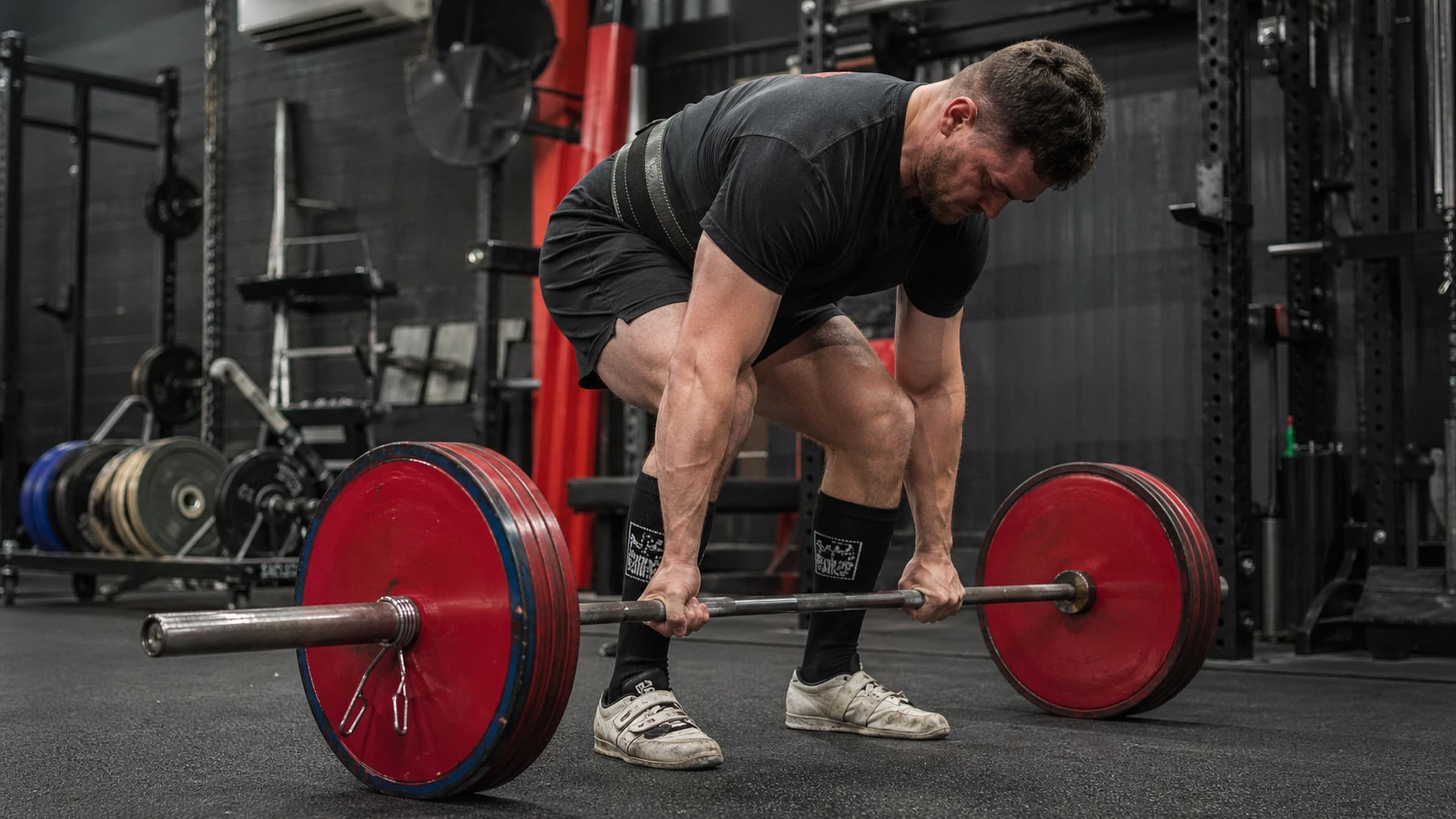 Powerlifter feet in lifting shoes on a platform