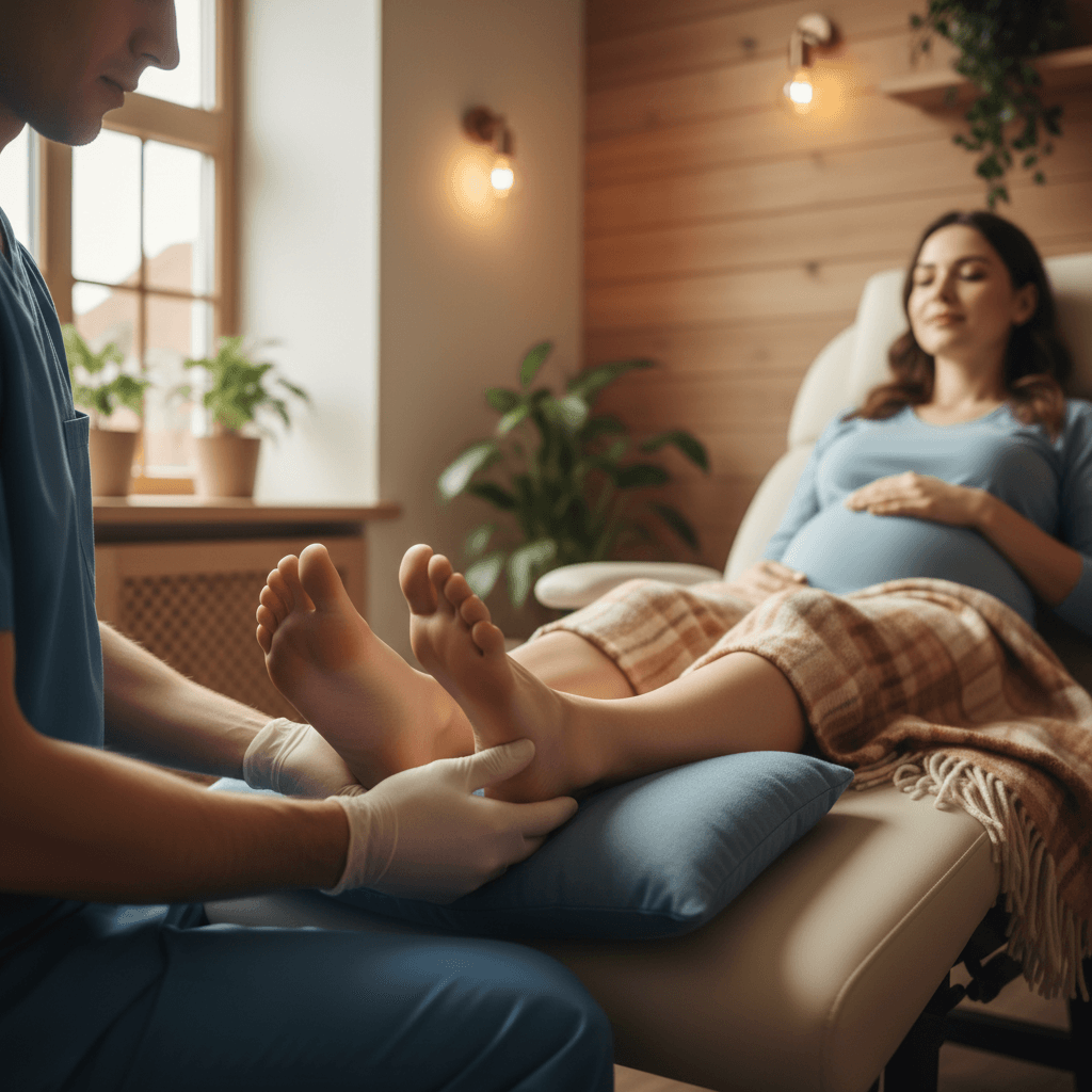 Podiatrist examining pregnant woman feet
