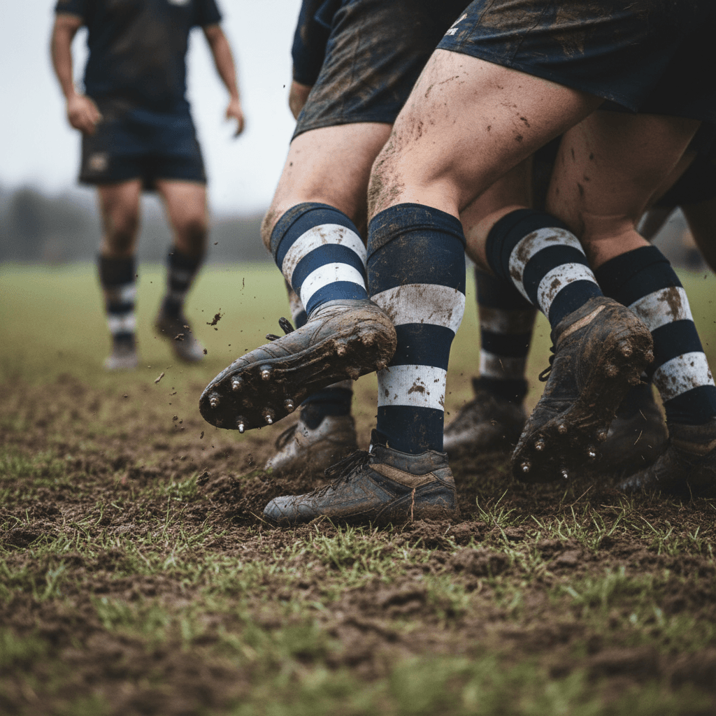 Rugby players boots on muddy grass field