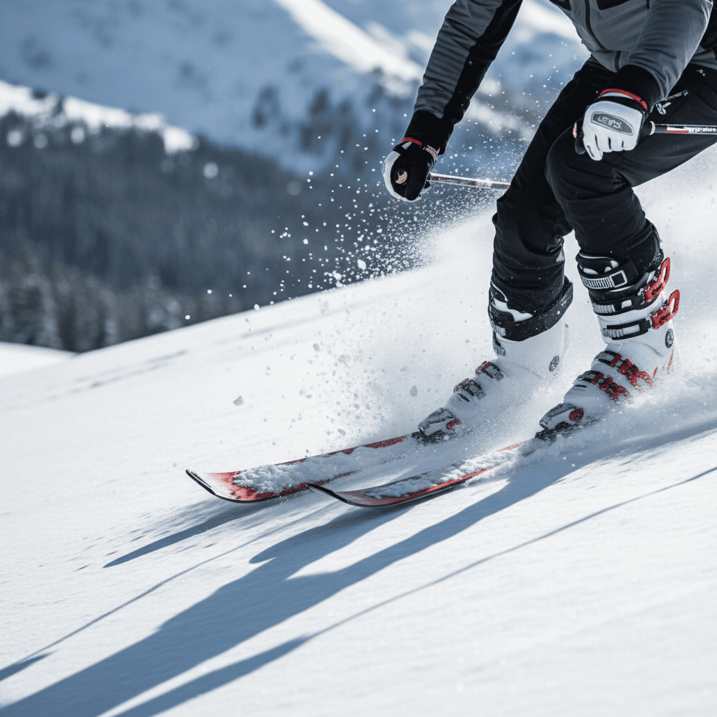 Skier carving down a snowy mountain slope