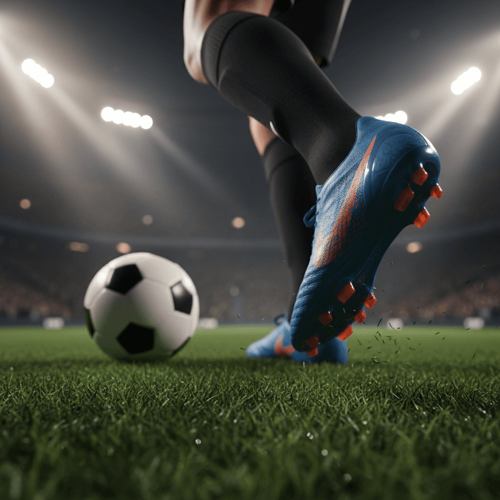 Soccer player dribbling a football on grass pitch