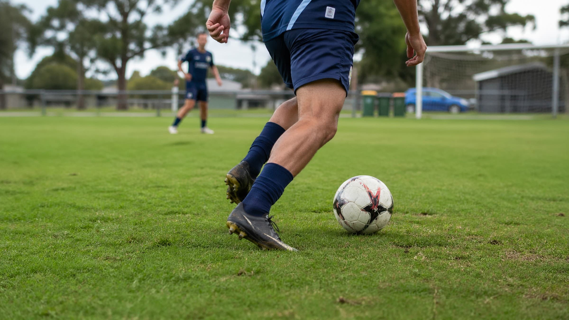 Soccer player dribbling a football on grass pitch