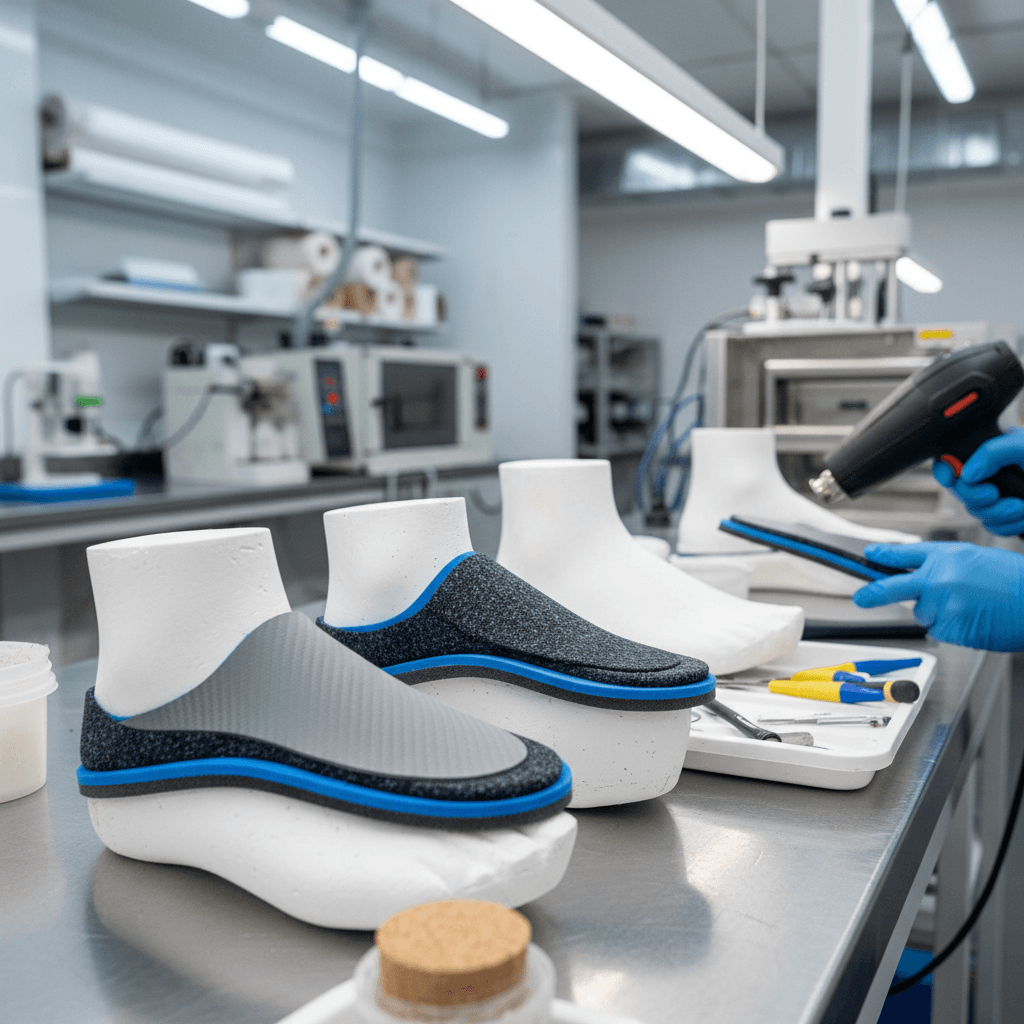 Custom sports orthotic insoles being crafted in a lab