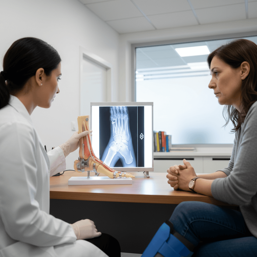 Podiatrist consulting with patient about foot surgery options