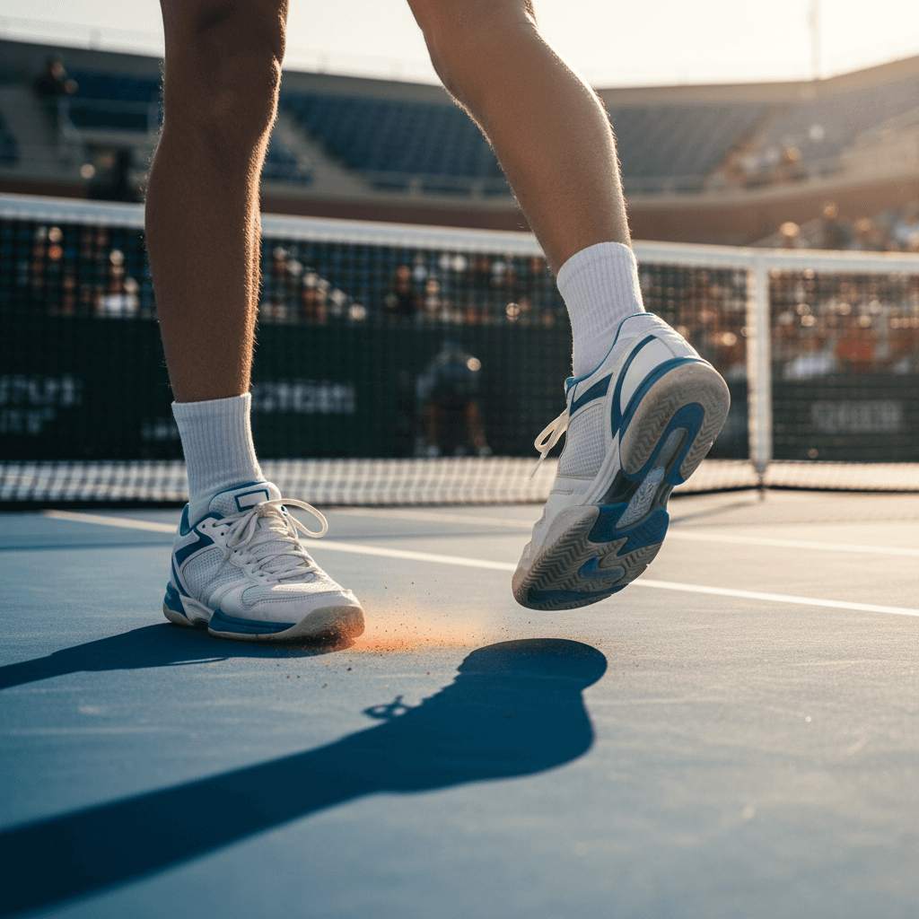 Tennis player footwork on a hard court