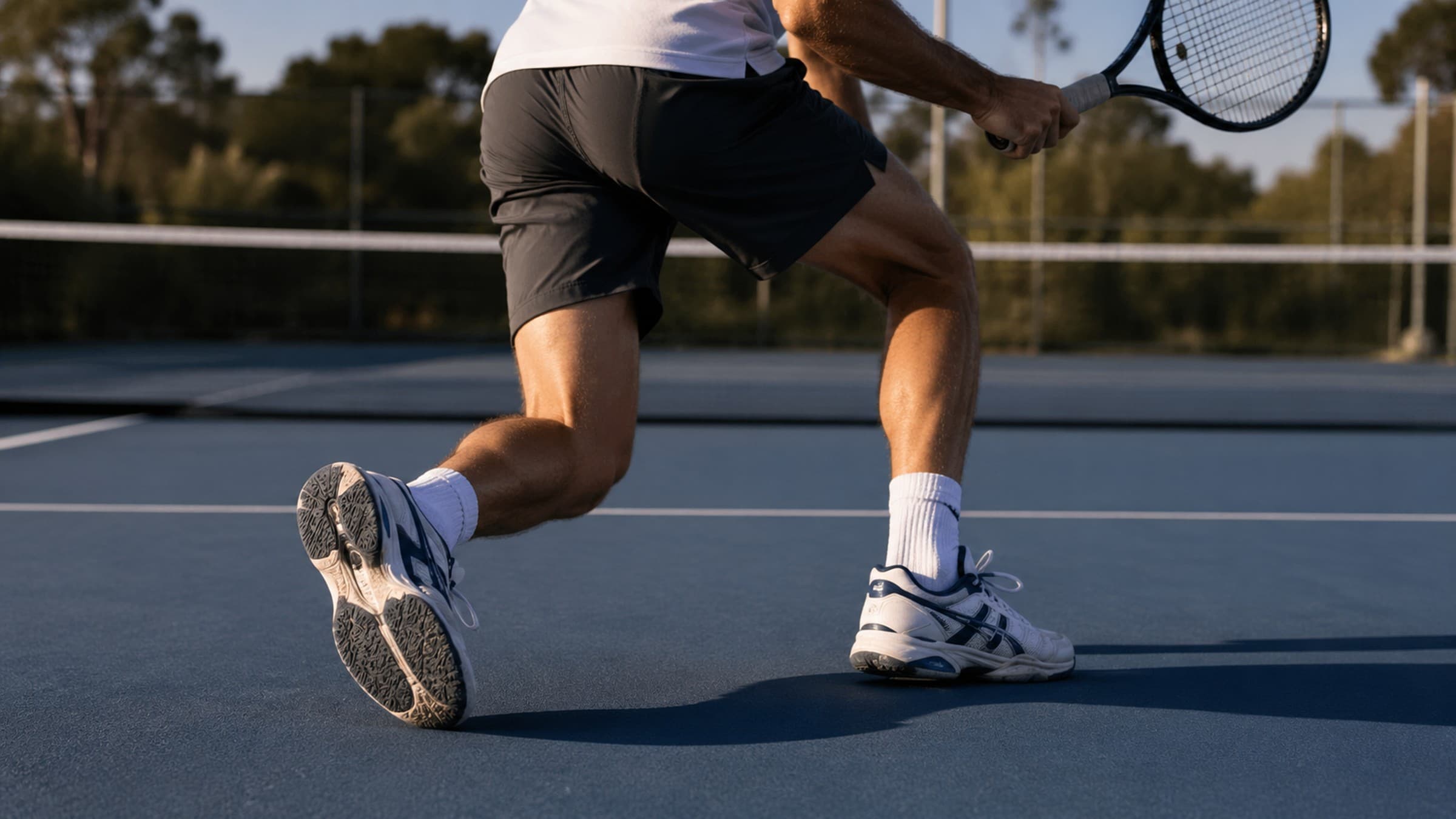 Tennis player footwork on a hard court