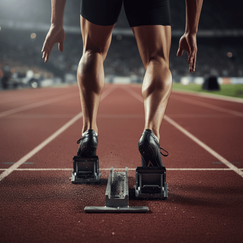 Sprinter launching from starting blocks on athletics track